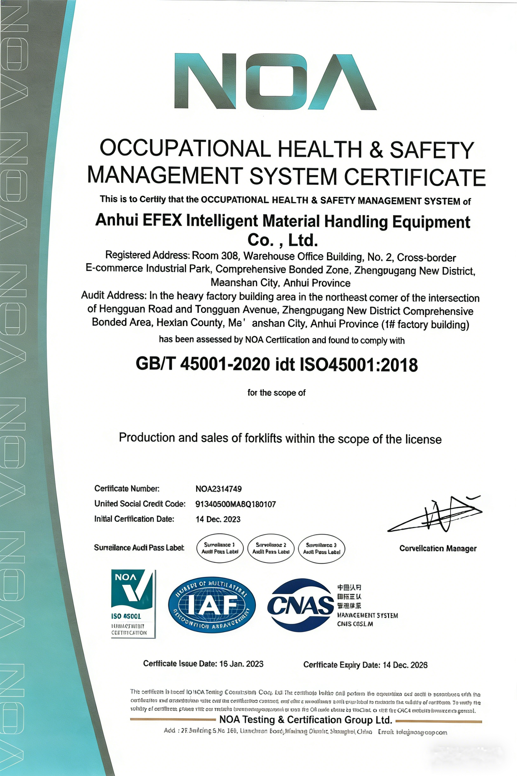Occupational Health & Safety Management System Certificate